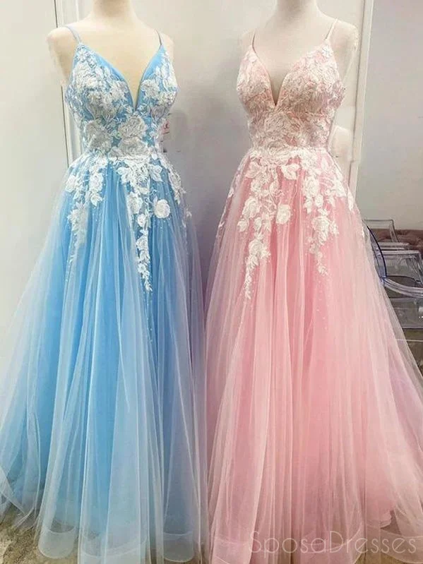 Evening dress with feather details -Beautiful A-line Tulle Applique Long Prom Dresses, Sweet 16 Prom Dresses, 12516