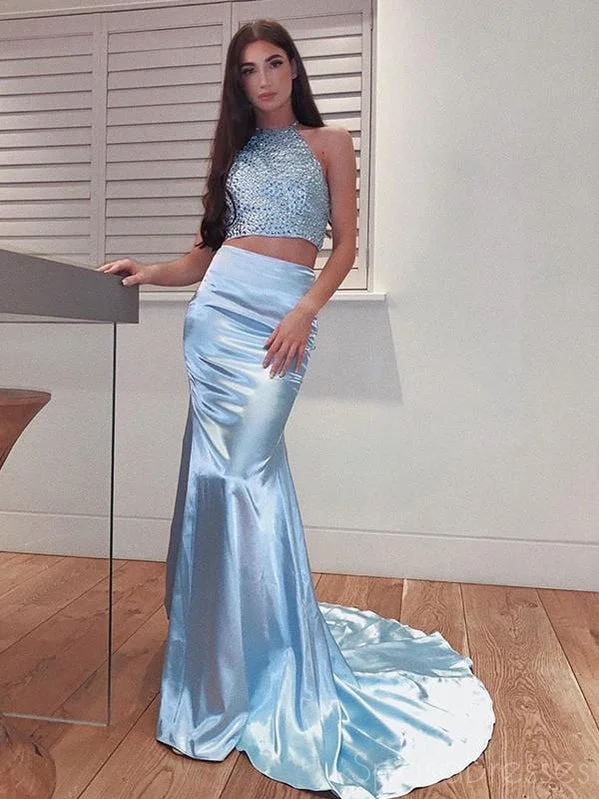 Formal evening gown -Blue Two Pieces Sleeveless Long Prom Dresses, Sweet 16 Prom Dresses, 12428