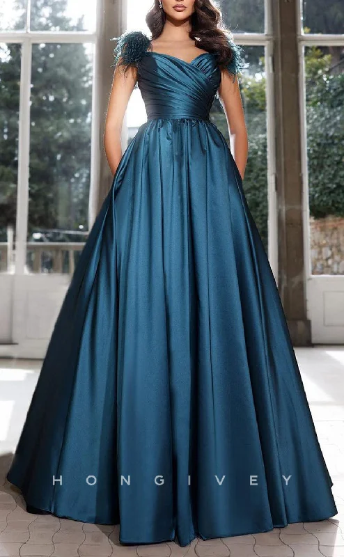 A-line evening dress -L1914 - Sexy Satin A-Line Asymmetrical Empire Ruched Feathers Floor-Length Party Prom Evening Dress