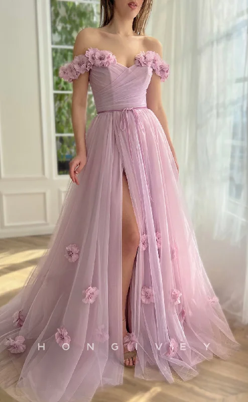 Evening dress with metallic finish -L1856 - Sexy Tulle A-Line Off-Shoulder Sleeveless Empire Floral Embossed With Side SlitParty Prom Evening Dress