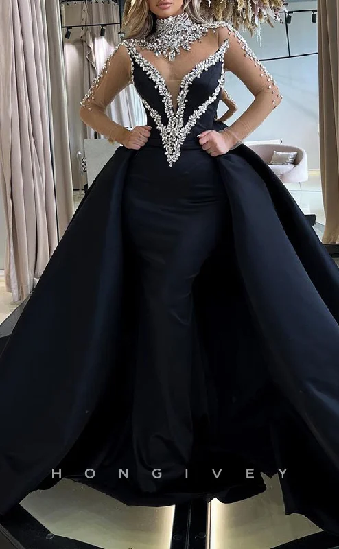 Evening dress for formal events -L1863 - Sexy Satin Glitter High Neck Long Sleeve Empire Beaded With Overskirt Train Party Prom Evening Dress