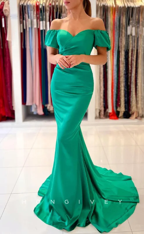 Evening dress with crystal accents -L1870 - Sexy Satin Trumpt Off-Shoulder Empire Ruched With Train Party Prom Evening Dress