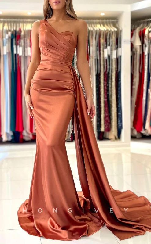 Elegant long evening dress -L1878 - Sexy Satin Trumpt One Shoulder Empire Pleats With Train Party Prom Evening Dress