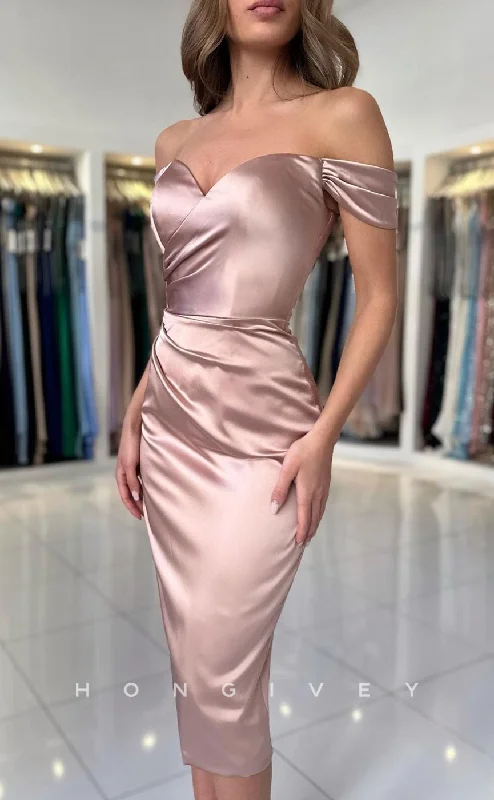 Evening dress with shimmer -L1883 - Sexy Satin Fitted Off-Shoulder Empire Ruched With Slit Party Prom Evening Dress