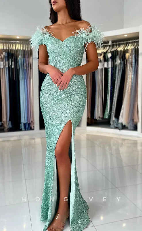 Lace evening dress -L1887 - Sexy Fitted Glitter Off-Shoulder Empire Pleats Feathers With Side Slit Party Prom Evening Dress