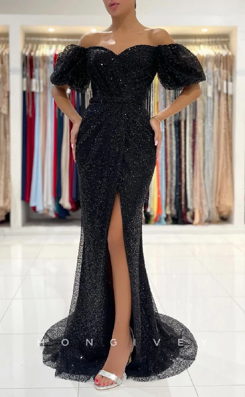 Midi evening dress -L1888 - Sexy Black Trumpt Glitter Off-Shoulder Empire Pleats Fully Sequined Party Prom Evening Dress