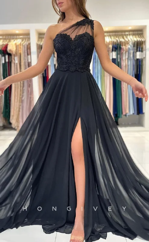 Evening dress with fringe -L1890 - Sexy Satin A-Line One Shoulder Empire Beaded Appliques With Side Slit Party Prom Evening Dress