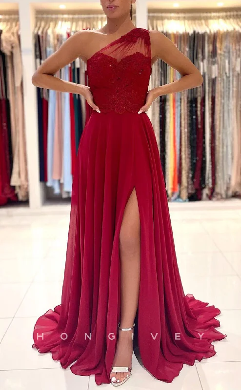 Backless evening dress -L1891 - Sexy Satin A-Line One Shoulder Empire Beaded Appliques With Side Slit Train Party Prom Evening Dress