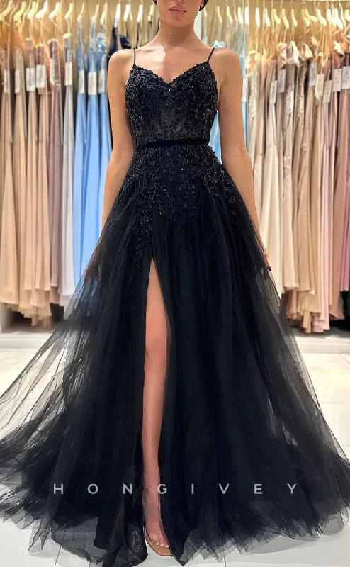 Evening dress for wedding guest -L1894 - Sexy Tulle A-Line V-Neck Spaghetti Straps Empire Beaded With Side Slit Party Prom Evening Dress