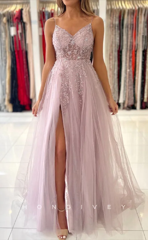 Evening dress for winter -L1896 - Sexy Illusion Tulle A-Line V-Neck Spaghetti Straps Empire Beaded Appliques Party Prom Evening Dress