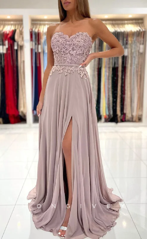 Evening dress with ruffles -L1903 - Sexy Satin A-Line Sweetheart Strapless Empire Appliques With Side Slit Party Prom Evening Dress