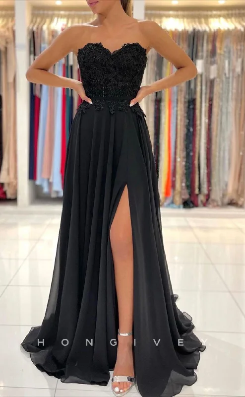 Evening dress with bow -L1904 - Sexy Satin A-Line Sweetheart Strapless Empire Appliques With Side Slit Party Prom Evening Dress