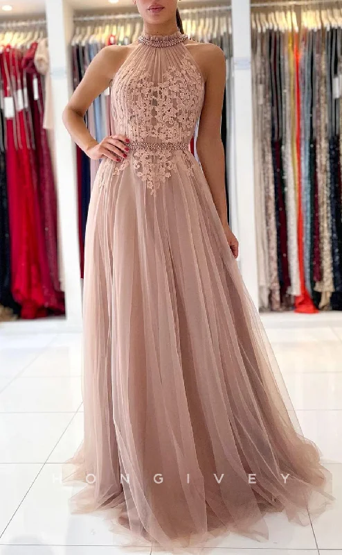 Formal evening gown -L1905 - Sexy Tulle A-Line High Neck Empire Sleeveless  Appliques With Train Party Prom Evening Dress