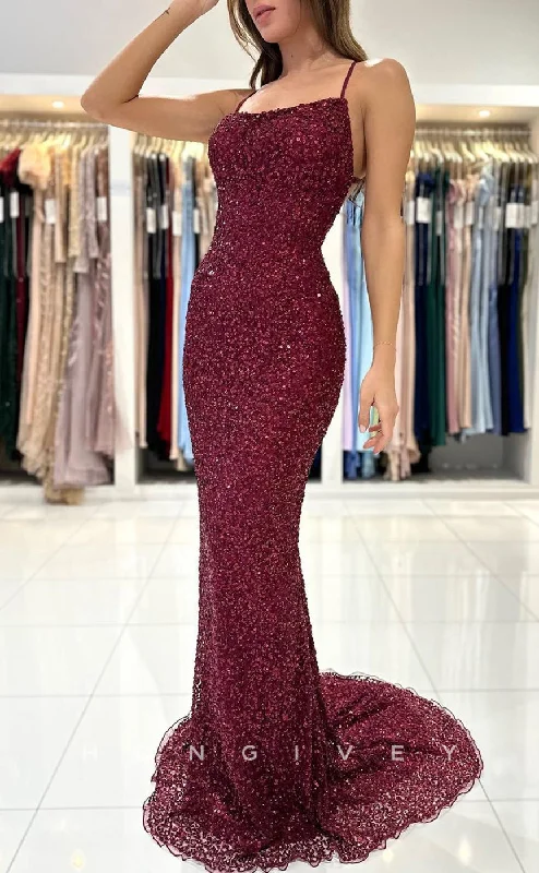 Evening dress for black tie event -L1906 - Sexy Trumpt Glitter Bateau Spaghetti Straps Sequined Empire Lace-Up Party Prom Evening Dress