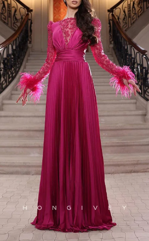 Evening dress for prom -L1915 - Sexy Satin A-Line High Neck Illusion Long Sleeve Feathers Empire Ruched Party Prom Evening Dress