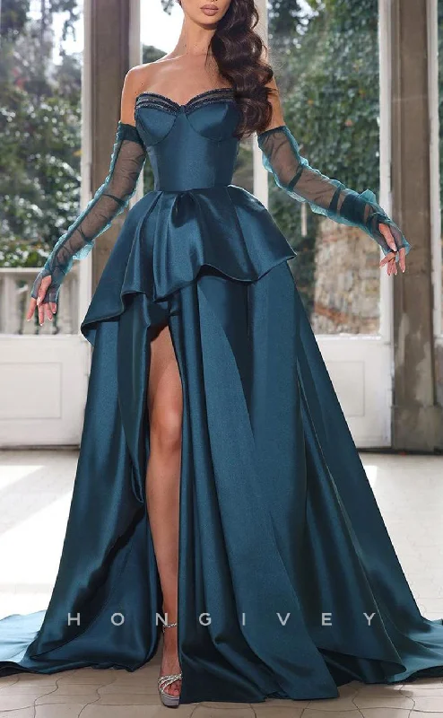 Strapless evening dress -L1916 - Sexy Satin A-Line Sweetheart Strapless Long Sleeve Empire With Side Slit Party Prom Evening Dress