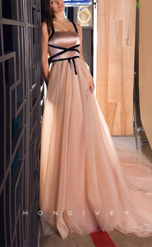 Evening dress with lace -L1934 - Sexy Tulle A-Line Square Straps Empire Strappy Paneled With Train Party Prom Evening Dress