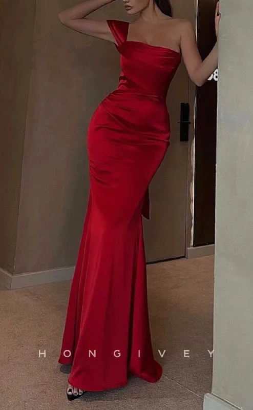 Long evening dress -L1960 - Sexy Satin Fitted Red One Shoulder Empire Ruched Floor-Length Party Prom Evening Dress