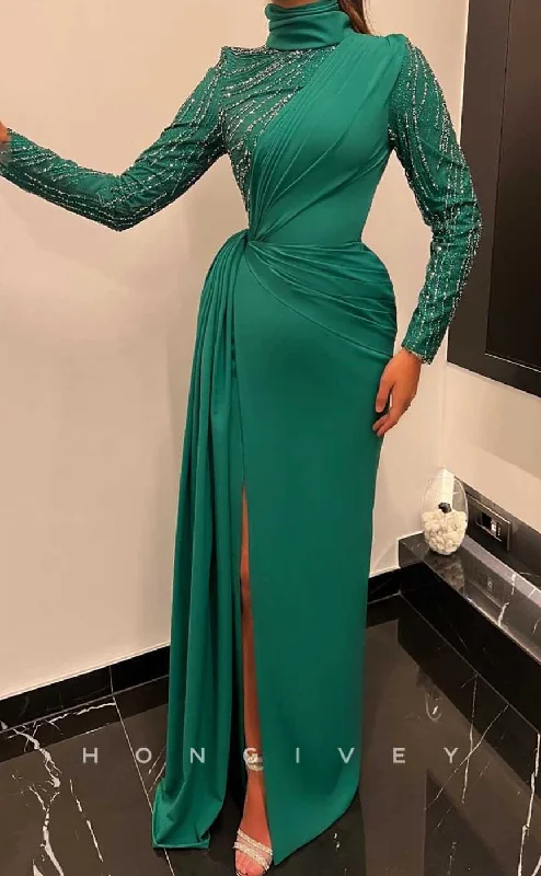 Evening dress with cap sleeves -L1972 - Sexy Satin Fitted High Neck Long Sleeve Empire Beaded With Side Slit Party Prom Evening Dress