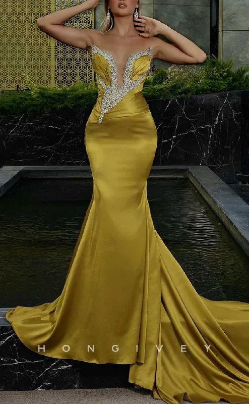 Evening dress for charity event -L1979 - Sexy Satin Trumpt Asymmetrical Sleeveless Empire Beaded With Train Party Prom Evening Dress