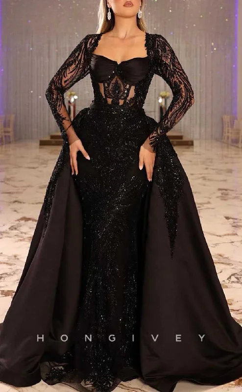 Evening dress for black tie gala -L1980 - Sexy Satin Fitted Glitter Sweetheart Lace Long Sleeves Empire Beaded With Overskirt Party Prom Evening Dress