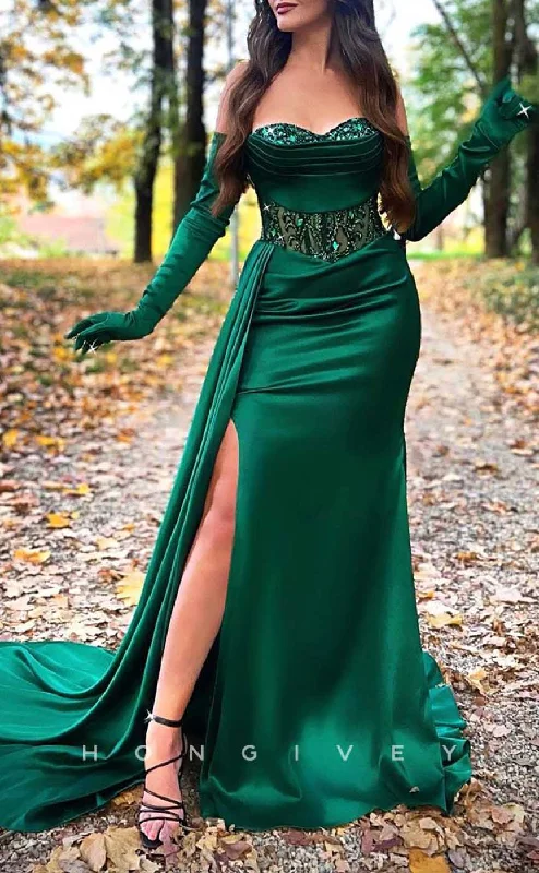 Evening dress with lace-up back -L2000 - Sexy Satin Fitted Sweetheart Strapless Illusion Empire Ruched Sequined Party Prom Evening Dress