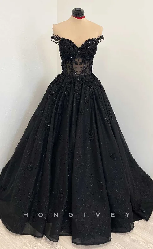 Evening dress with delicate lace trim -L2004 - Sexy Glitter Satin A-Line Off-Shoulder Illusion Empire Beaded Appliques Party Prom Evening Dress