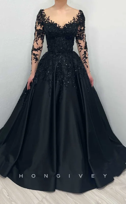 Classic black evening dress -L2007 - Sexy Satin A-Line V-Neck Lace Long Sleeve Empire Beaded Appliques Party Prom Evening Dress