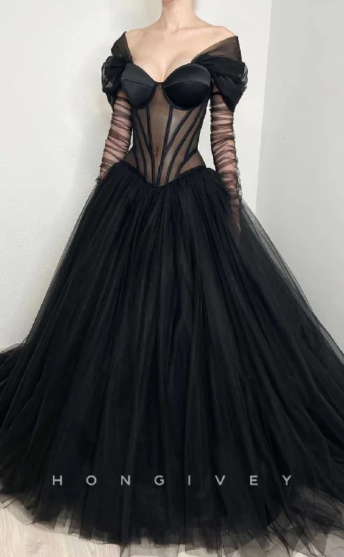 Evening dress with sweetheart neckline -L2010 - Sexy Tulle A-Line Off-Shoulder Lace Long Sleeve Illusion With Train Party Prom Evening Dress