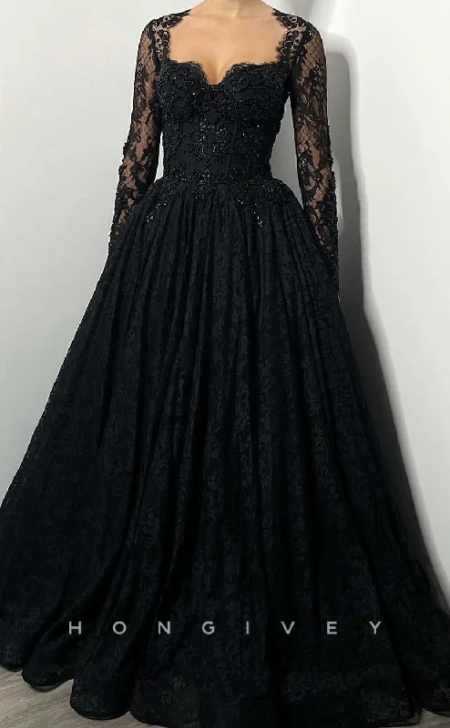 Evening dress with layered details -L2013 - Sexy Satin A-Line Asymmetrical Lace Long Sleeve Empire Beaded Appliques Party Prom Evening Dress