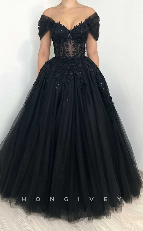 Evening dress with metallic finish -L2015 - Sexy Tulle A-Line Off-Shoulder Empire Illusion Beaded Appliques Party Prom Evening Dress