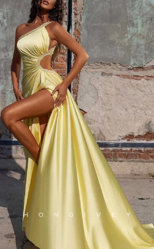 Evening dress with tiered skirt -L2019 - Sexy Satin A-Line One Shoulder Empire Illusion Beaded Ruched With Side Slit Party Prom Evening Dress