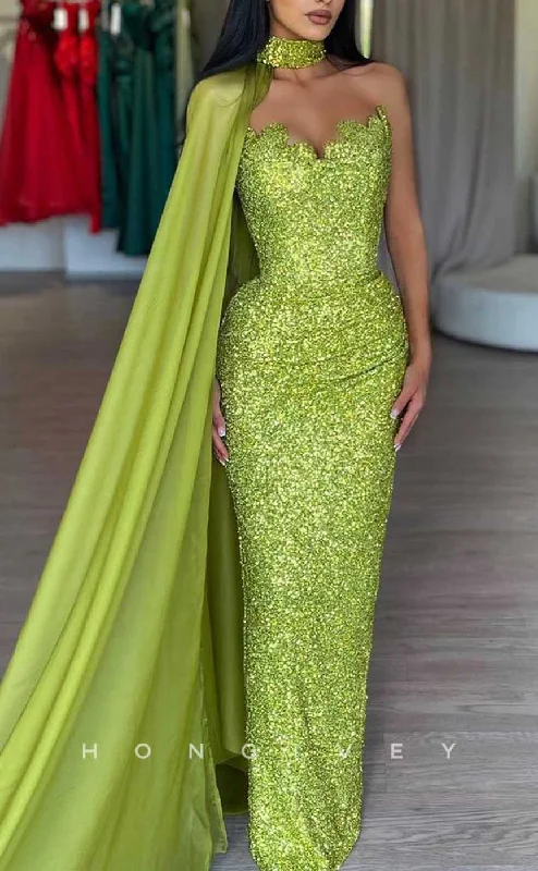 Off-the-shoulder evening dress -L2022 - Sexy Fitted Glitter Asymmetrical Sleeveless Empire Ruched Sequined Party Prom Evening Dress