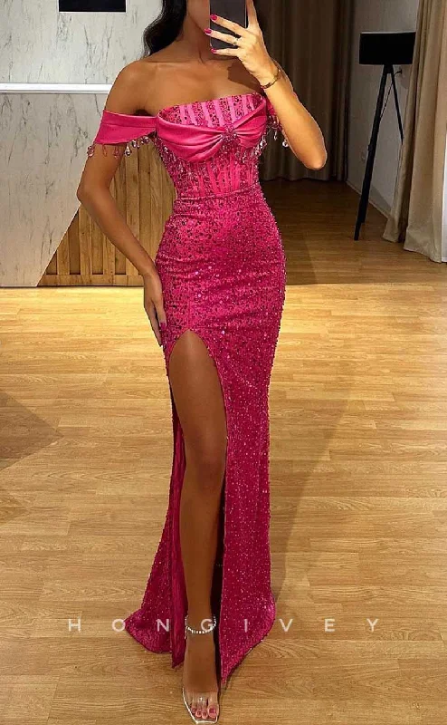 Evening dress with asymmetrical hem -L2028 - Sexy Satin Fitted Off-Shoulder Empire Sequined Floor-Length With Side Slit Party Prom Evening Dress