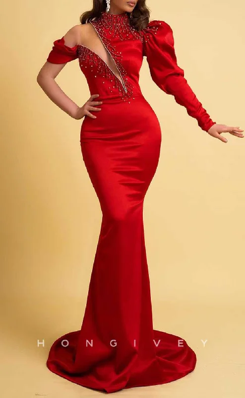 Evening dress with beaded embellishments -L2034 - Sexy Satin Trumpt High Neck One Long Sleeve Empire Beaded With Train Party Prom Evening Dress