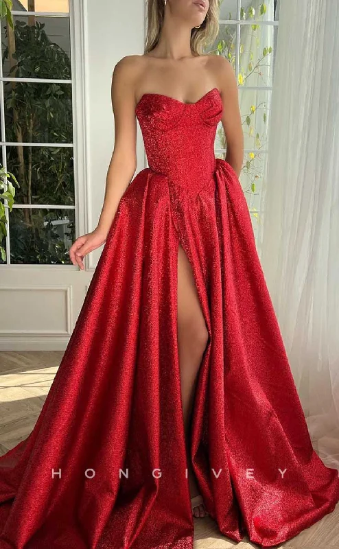 Designer evening dress -L2036 - Sexy Glitter Satin A-Line Bateau Strapless Empire With Side Slit Party Prom Evening Dress