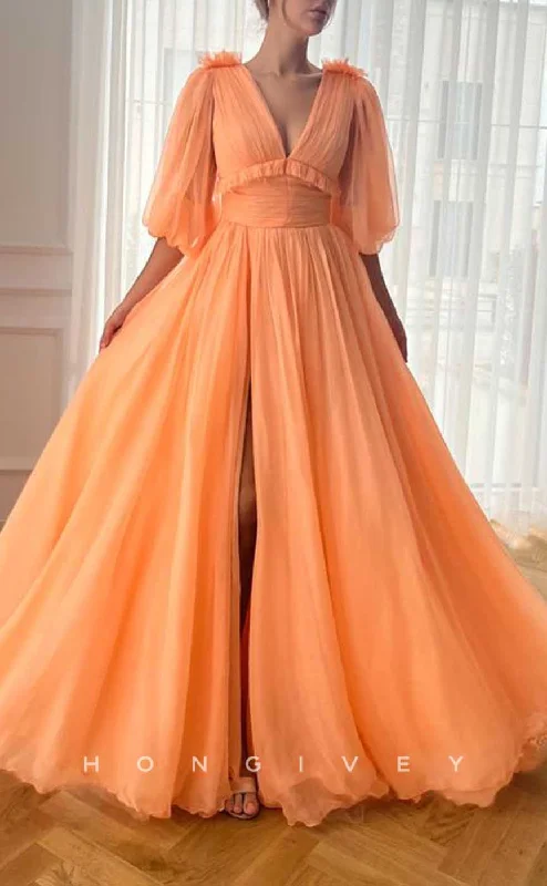 Evening dress with shimmer -L2037 - Sexy Tulle A-Line V-Neck Puff Sleeves Floral Empire With Side Slit Party Prom Evening Dress