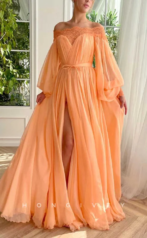 Evening dress with pleats -L2038 - Sexy Tulle A-Line Off-Shoulder Long Sleeve Empire Belt With Side Slit Party Prom Evening Dress