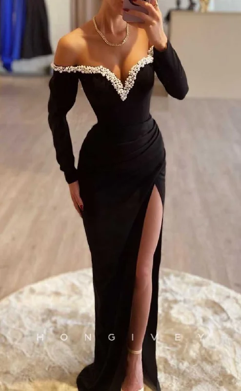 Evening dress with fringe -L2043 - Sexy Satin Fitted Off-Shoulder Long Sleeve Empire Beaded With Side Slit Party Prom Evening Dress