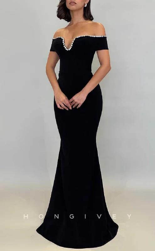 Evening dress with tulle -L2053 - Sexy Satin Trumpt Off-Shoulder Empire Beaded Floor-Length Party Prom Evening Dress