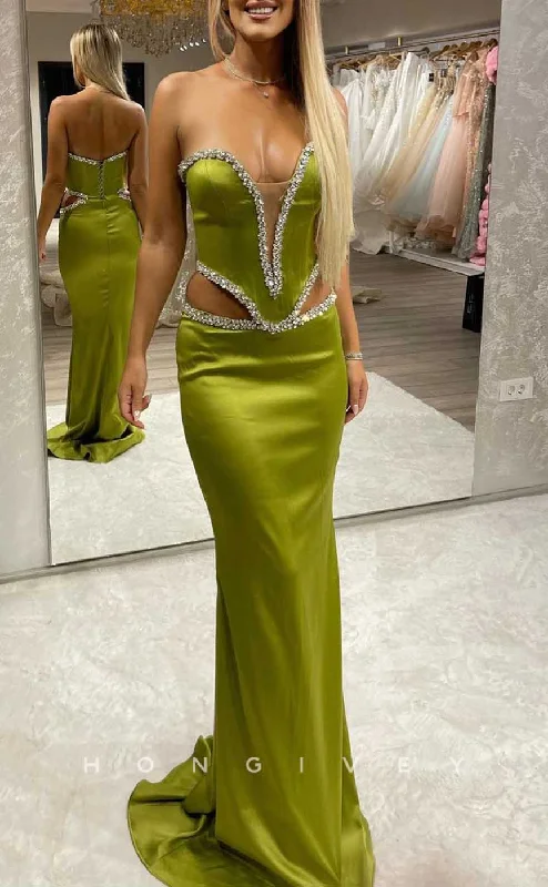 Evening dress with ruffles -L2058 - Sexy Satin Fitted Plunging  V-Neck Strapless Illusion Empire Beaded Party Prom Evening Dress