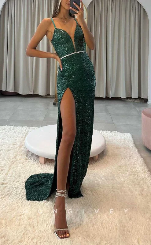 Evening dress for black tie event -L2061 - Sexy Glitter Fitted Plunging V-Neck Spaghetti Straps Empire Fully Sequined Party Prom Evening Dress