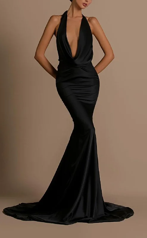 Evening dress for graduation -L2063 - Sexy Satin Trumpt Halter Empire Open Back Beaded Appliques With Train Party Prom Evening Dress