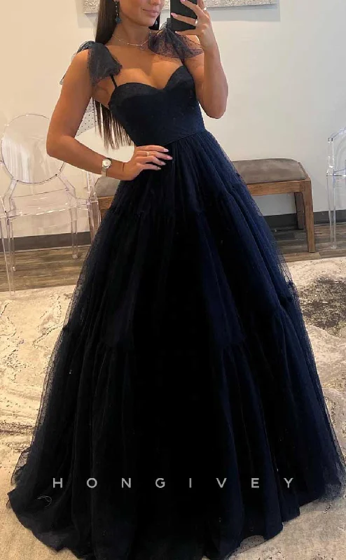 A-line evening dress -L2083 - Sexy Tulle A-Line Sweetheart Bowknot Spaghetti Straps Empire Floor-Length Party Prom Evening Dress