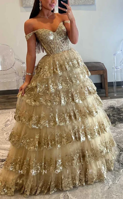 Strapless evening dress -L2085 - Sexy Tulle A-Line Off-Shoulder Empire Tiered Sequined Appliques Party Prom Evening Dress