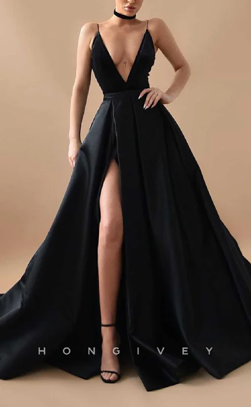 Plus size evening dress -L2096 - Sexy Satin A-Line V-Neck Spaghetti Straps Empire With Side Slit Train Party Prom Evening Dress