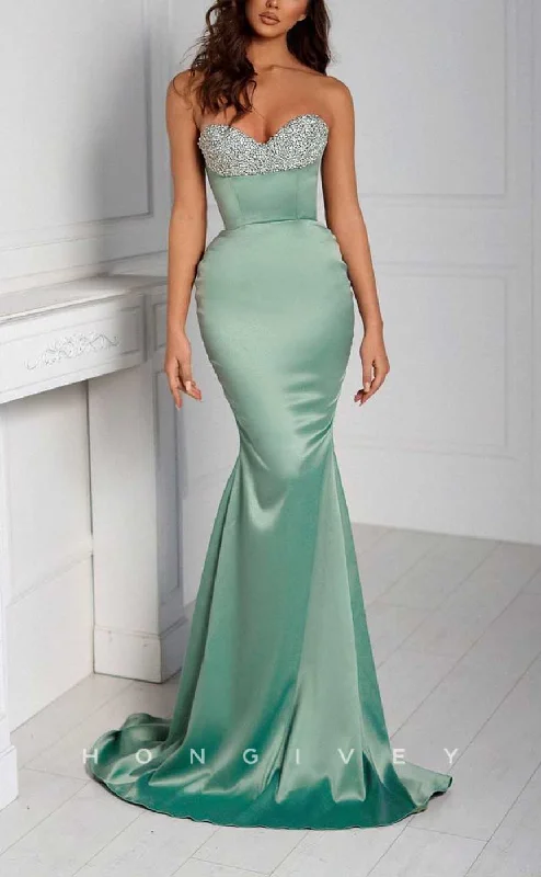 Off-shoulder evening dress -L2097 - Sexy Satin Trumpt Sweetheart Strapless Empire Beaded With Train Party Prom Evening Dress