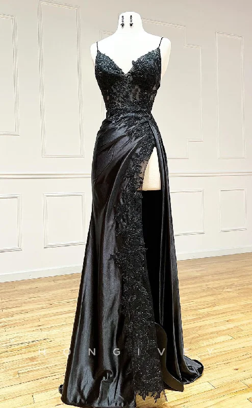 Evening dress for gala -L2098 - Sexy Satin A-Line V-Neck Spaghetti Straps Empire Beaded Appliques Party Prom Evening Dress