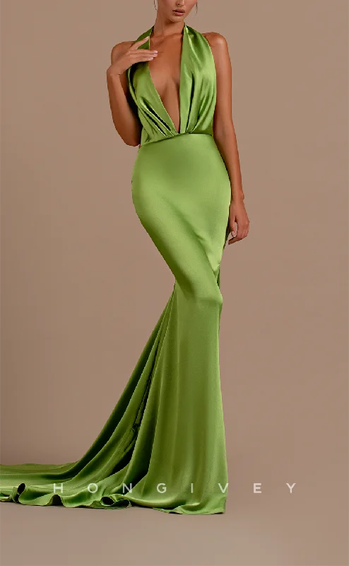 Blue evening dress -L2100 - Sexy Satin Trumpt Halter Empire Illusion Open Back With Train Party Prom Evening Dress