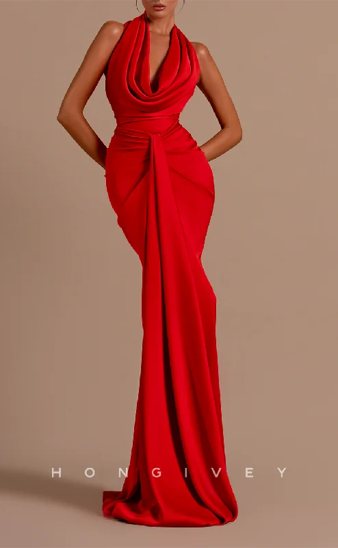 Gold evening dress -L2101 - Sexy Red Satin Fitted Halter Empire Ruched With Sweep Train Party Prom Evening Dress